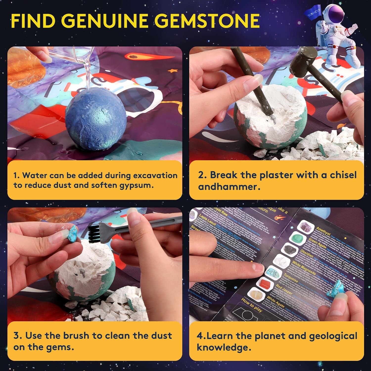 Gemstone Dig Kit, Solar System Space Toys, Find 15 Real Gemstones+crystals