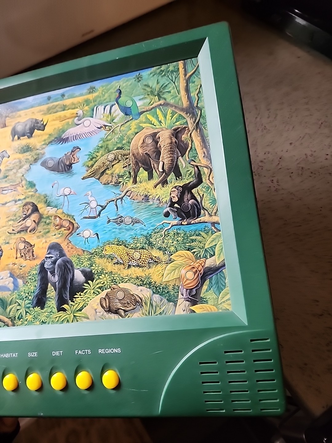 GEO GENIUS GREEN JUNGLE ANIMALS INTERACTIVE QUIZ TOY SOUND HABITAT FACTS 1998