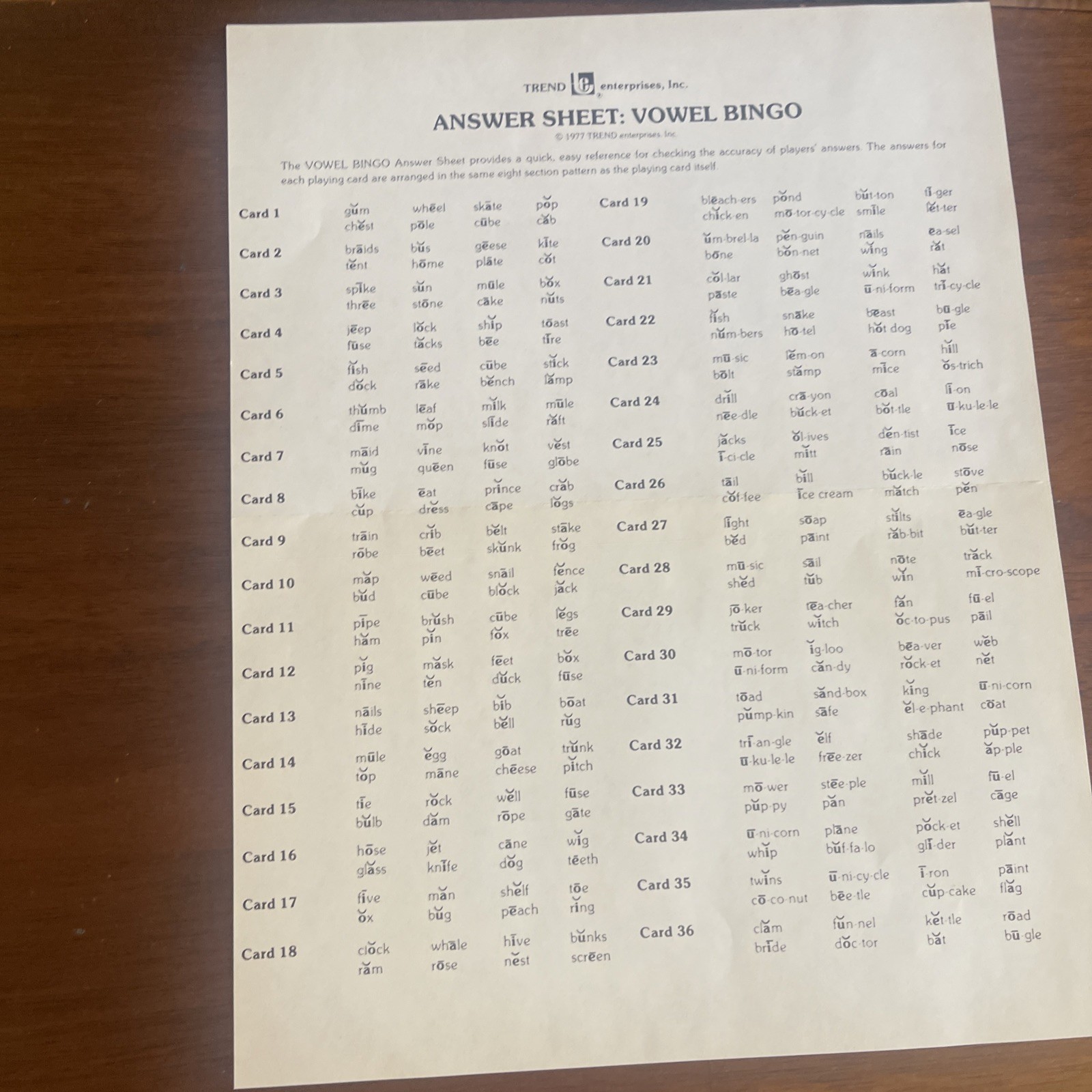 Trend enterprises vintage 1987 Vowel bingo
