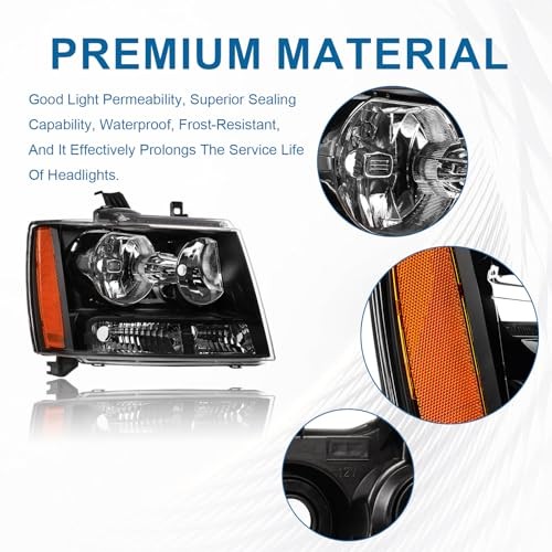 Headlights for 2007-2013 Chevy Tahoe Avalanche Amber Reflector & Black Housing