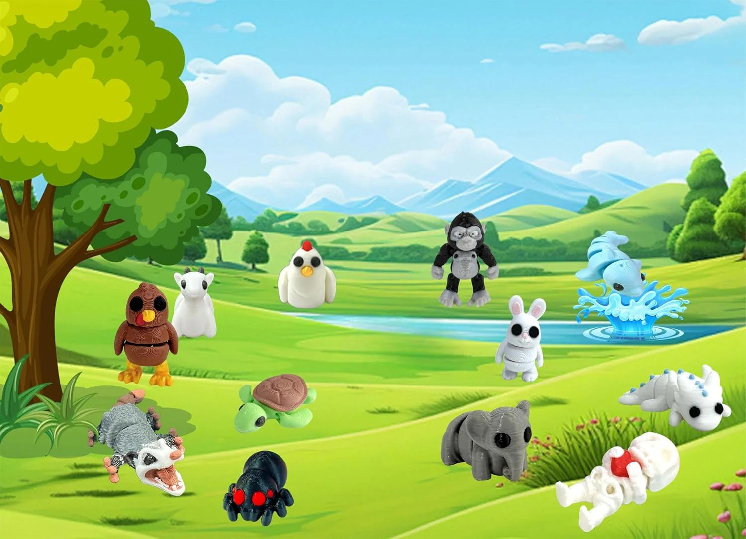 38 Pcs Mini 3D Printed Animals Figures Set,Cute Tiny Animal Flexible Fidget Toy,