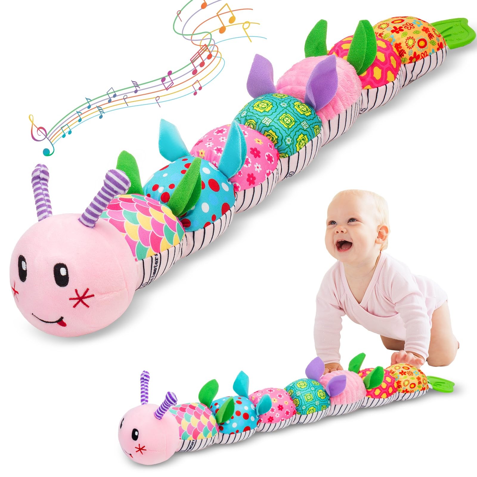 Baby Toys 0-12 Months, Caterpillar Musical Plush Stuffed Toy for Infant, pink