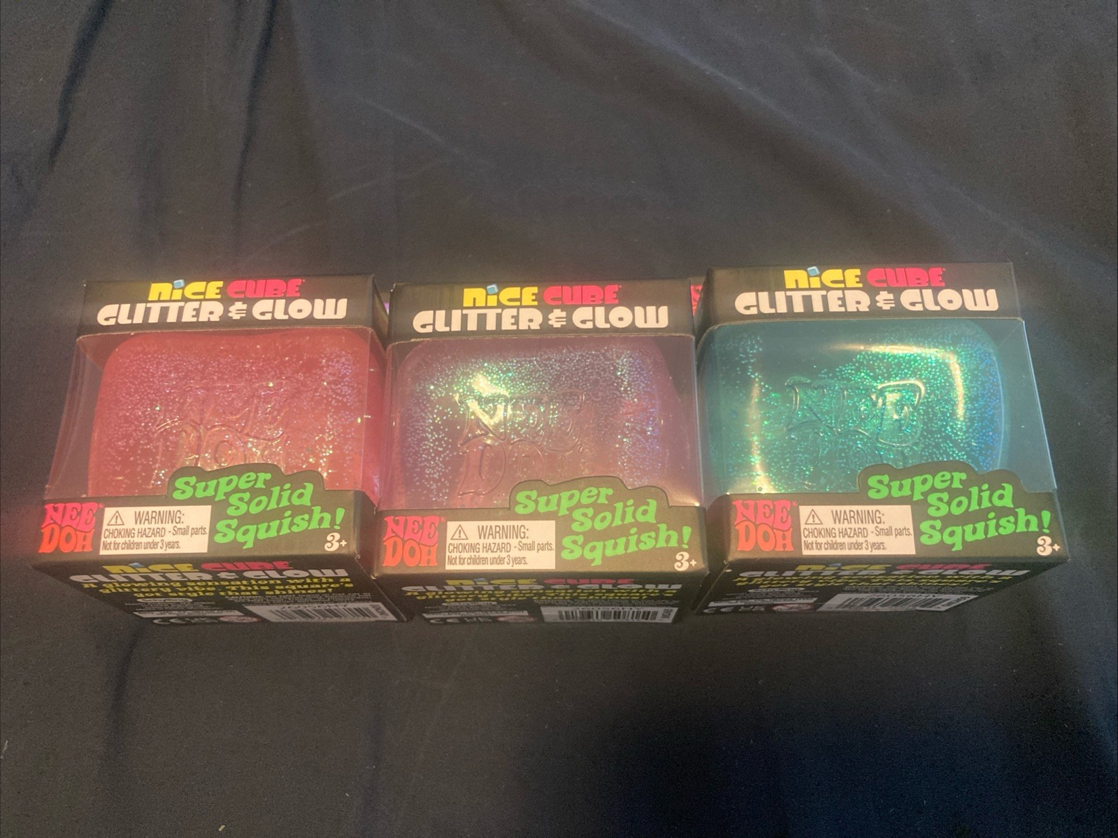 NeeDoh Nice Cube Glitter and Glow SET OF 3 Nee Doh Ice Cube Blue Purple Pink NEW