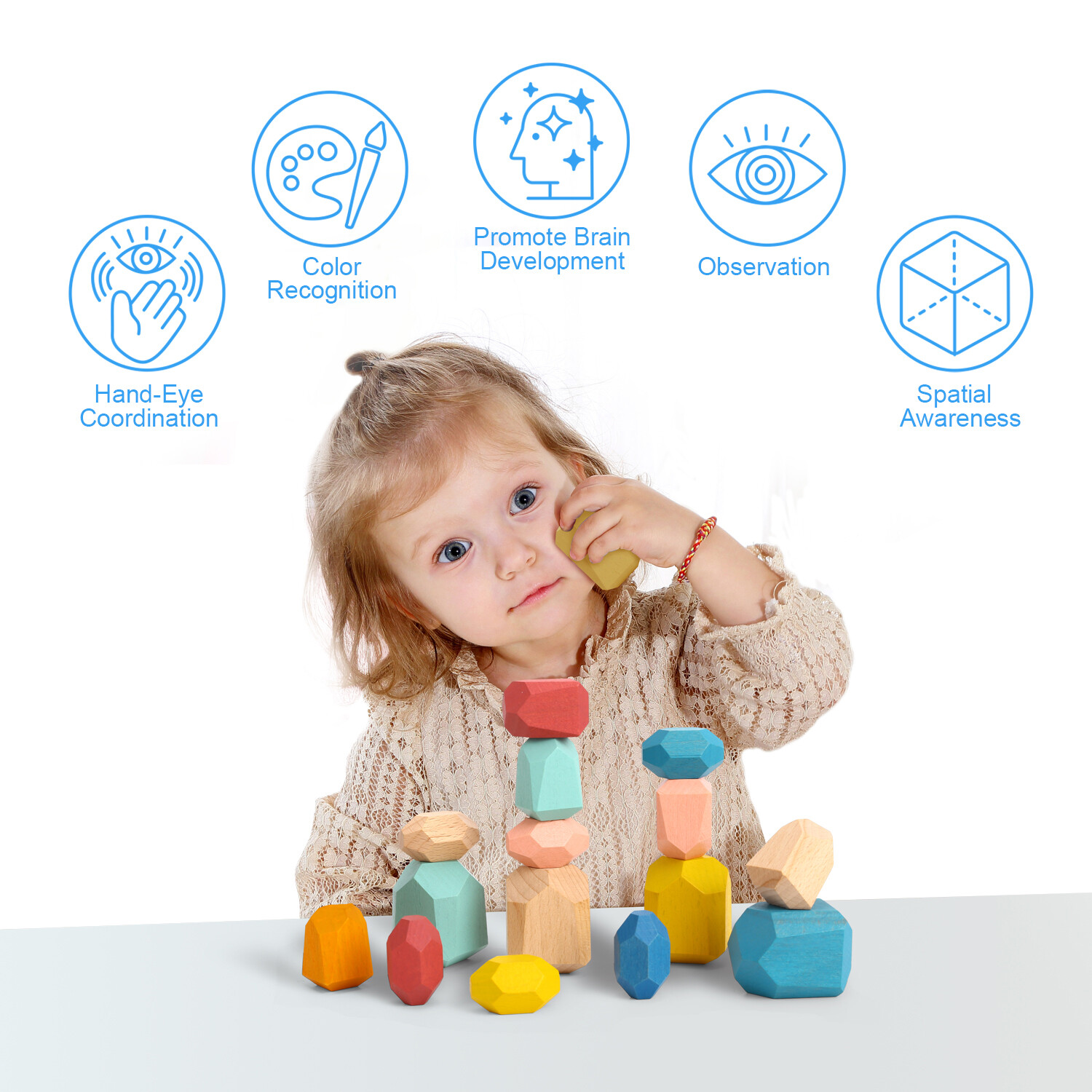 TOOKYLAND Wooden Stacking Stones Toy – 16pcs – Balancing Blocks Set, 3 Years +