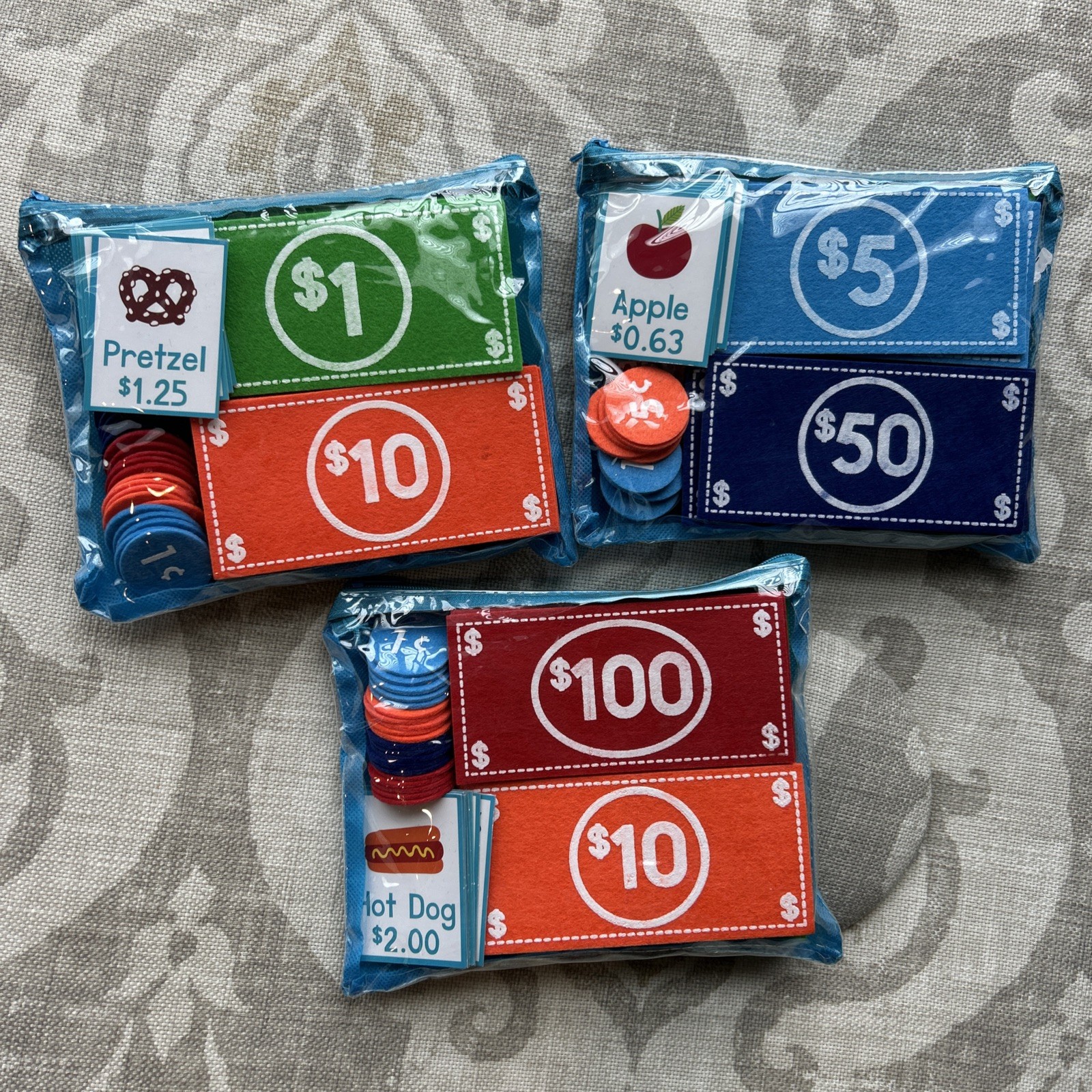 Horizon Group Pretend Play Lot of Felt Money And Coins-3 Complete Sets!!!