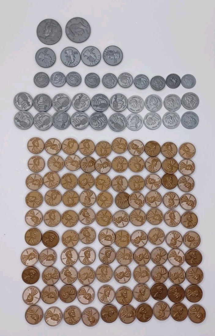 Play Money Coin Lot Of Plastic Coins With Hook & Loop For Felt Board