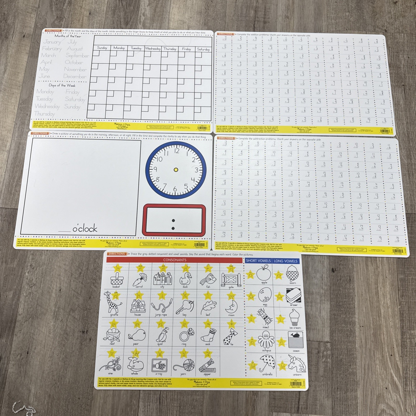 Melissa & Doug Double Sided Learning Mats Lot x5 Time, Phonics, Calendar, + & –