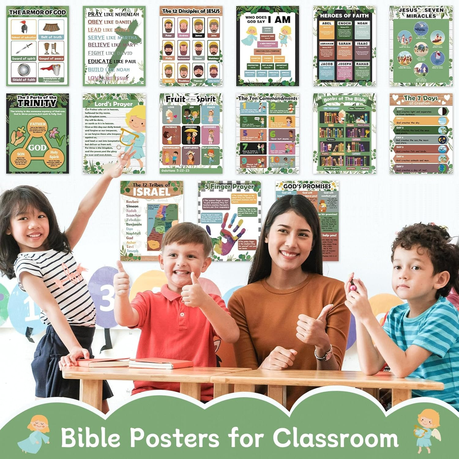 15Pcs Bible Posters for Classroom Sunday School Wall Decor Greenery Christian Bo