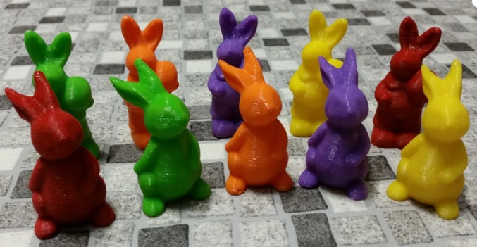 red, yellow, green, purple, orange, 3D printed Easter Bunnies