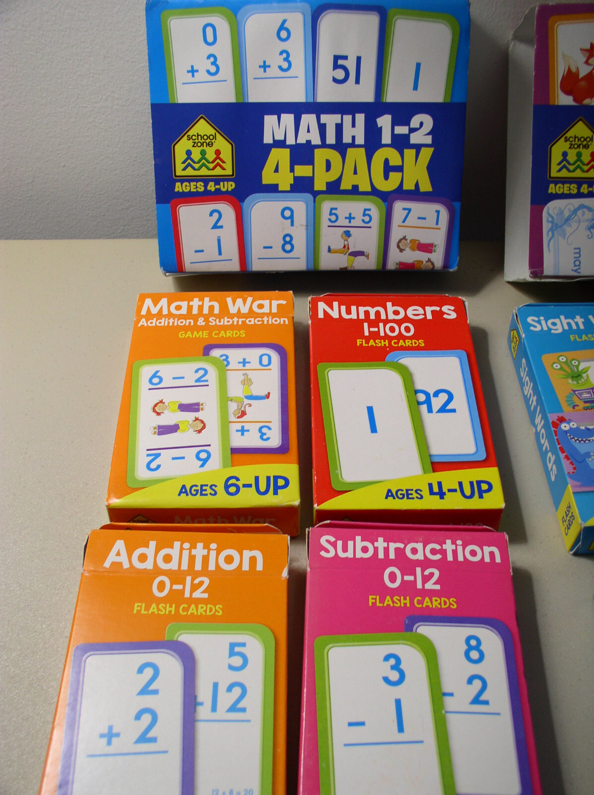 School Zone Flash Cards 4 Pack Math and 4 Pack Reading 8 Packs Ages 4-6 and Up