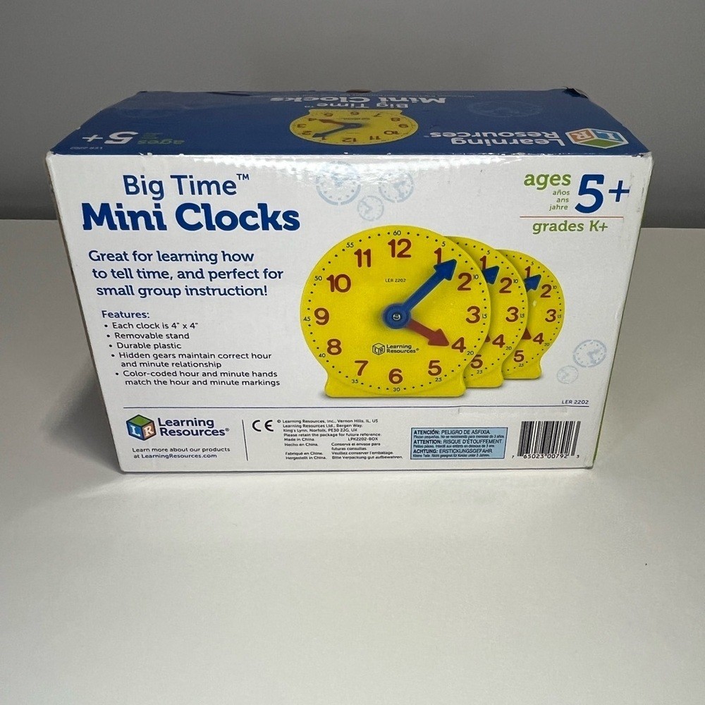 NEW Learning Resources Big Time Mini Clocks 6 pack – open box with sealed packs
