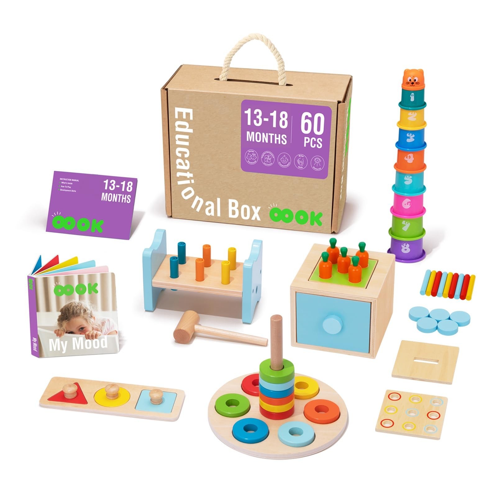 TOOKYLAND Montessori Toys for 1 Year Old, 8 in 1 Learning Educational Set Woo…