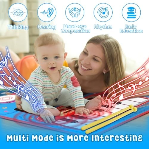 2-in-1 Musical Mat Toys for 1 2 3 4 5 Year Old, Piano Keyboard & Drum Set with 2