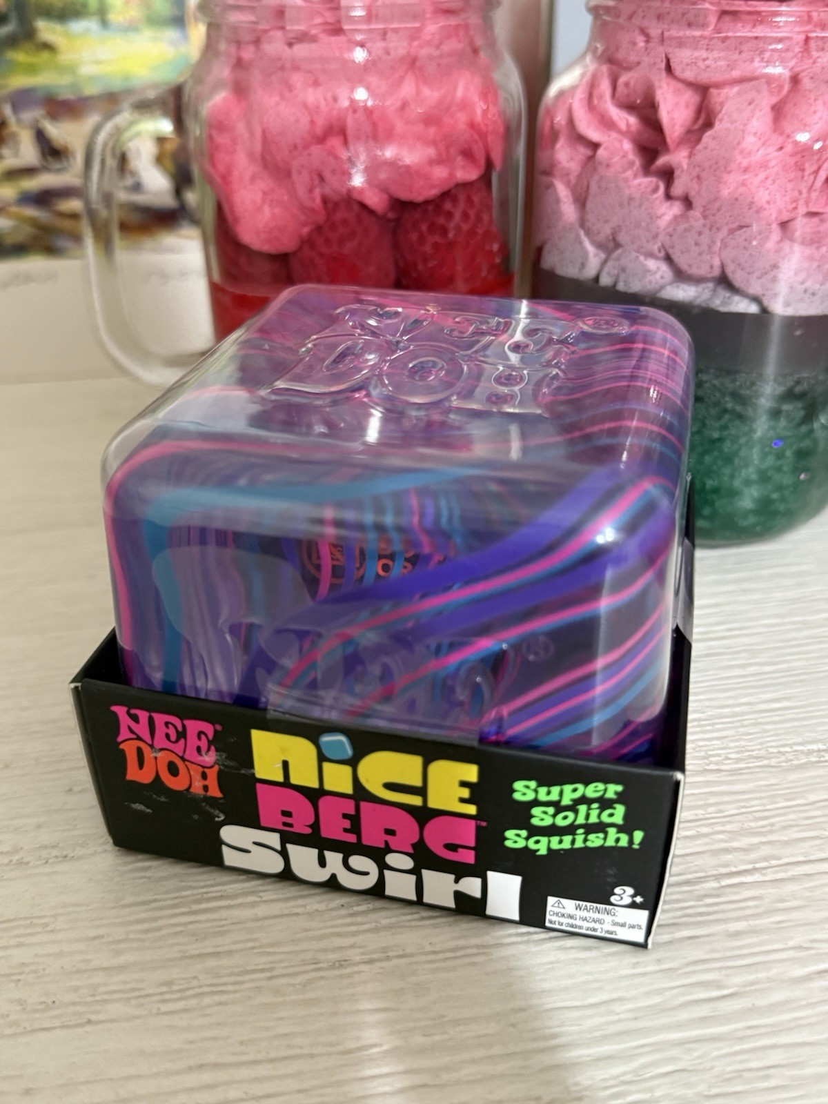 NeeDoh Nice Berg Swirl XL Giant Nee Doh Squishy Swirl Cube Purple Pink Blue