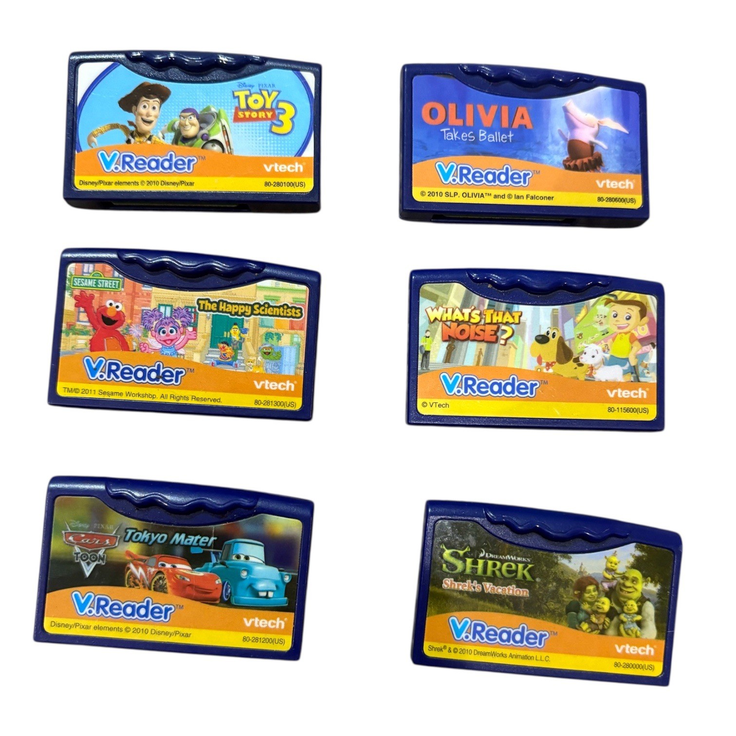6 VTech V.Reader Learning System Game Cartridges Toy Story 3 Elmo Cars Shrek
