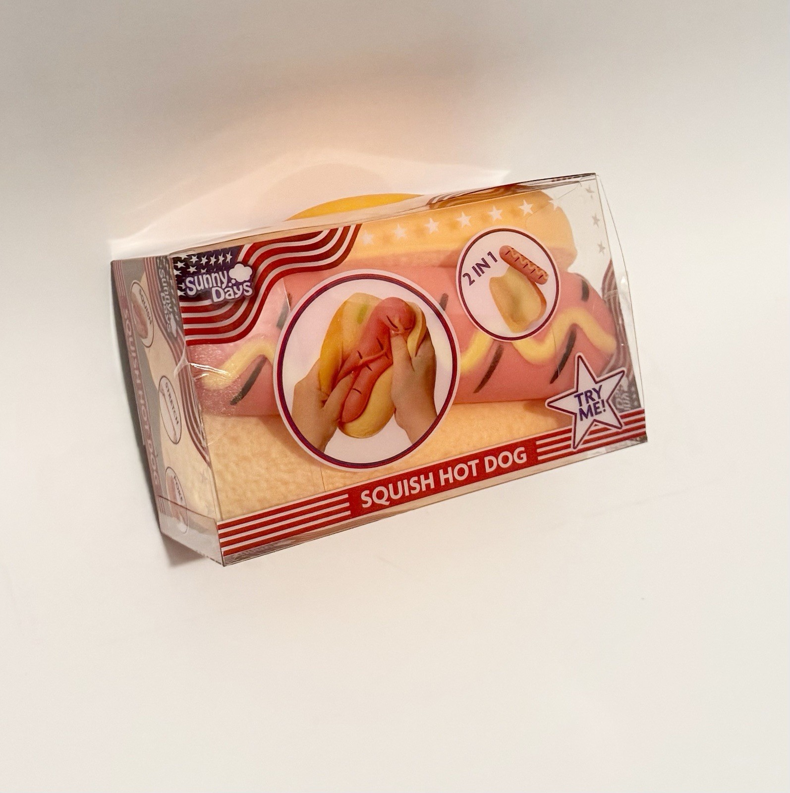 Squishy Hot Dog Squeezy Fidget Toy Sunny Days 2-in-1 Hotdog Stress Relief NEW