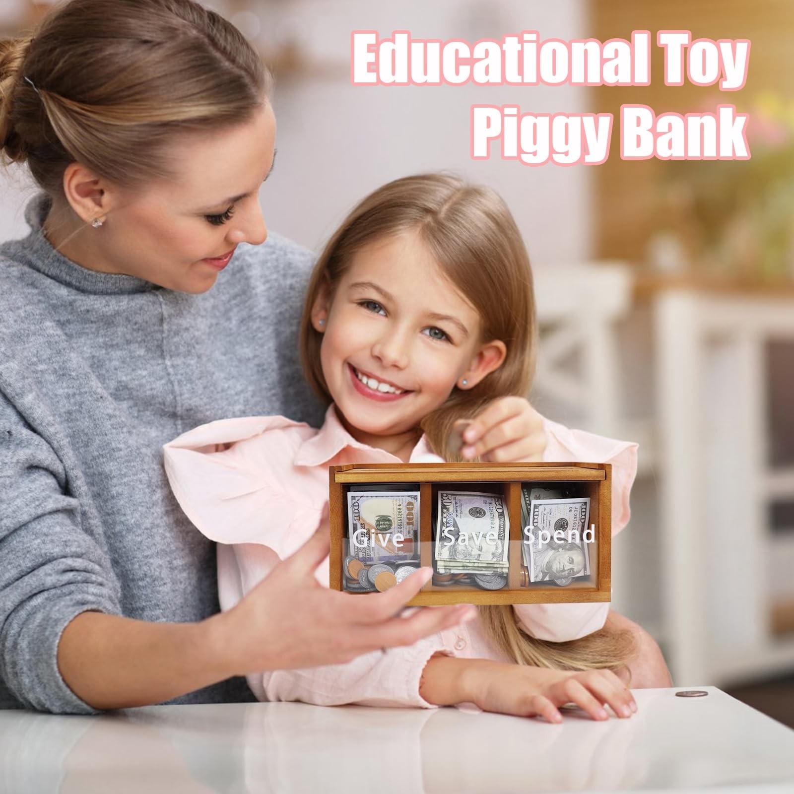 Spend Save Give Piggy Bank for Kids, Money Coin Savings Piggy Bank Jar Box fo…