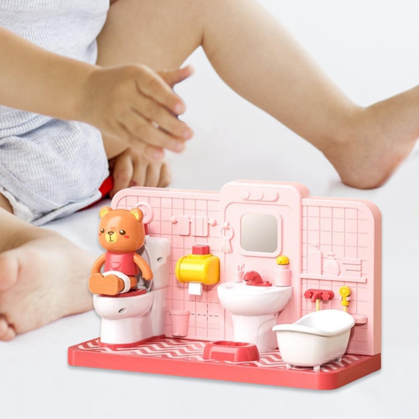 Dollhouse Furniture Set Miniature Toilet Toy Crafts with Bear Restroom