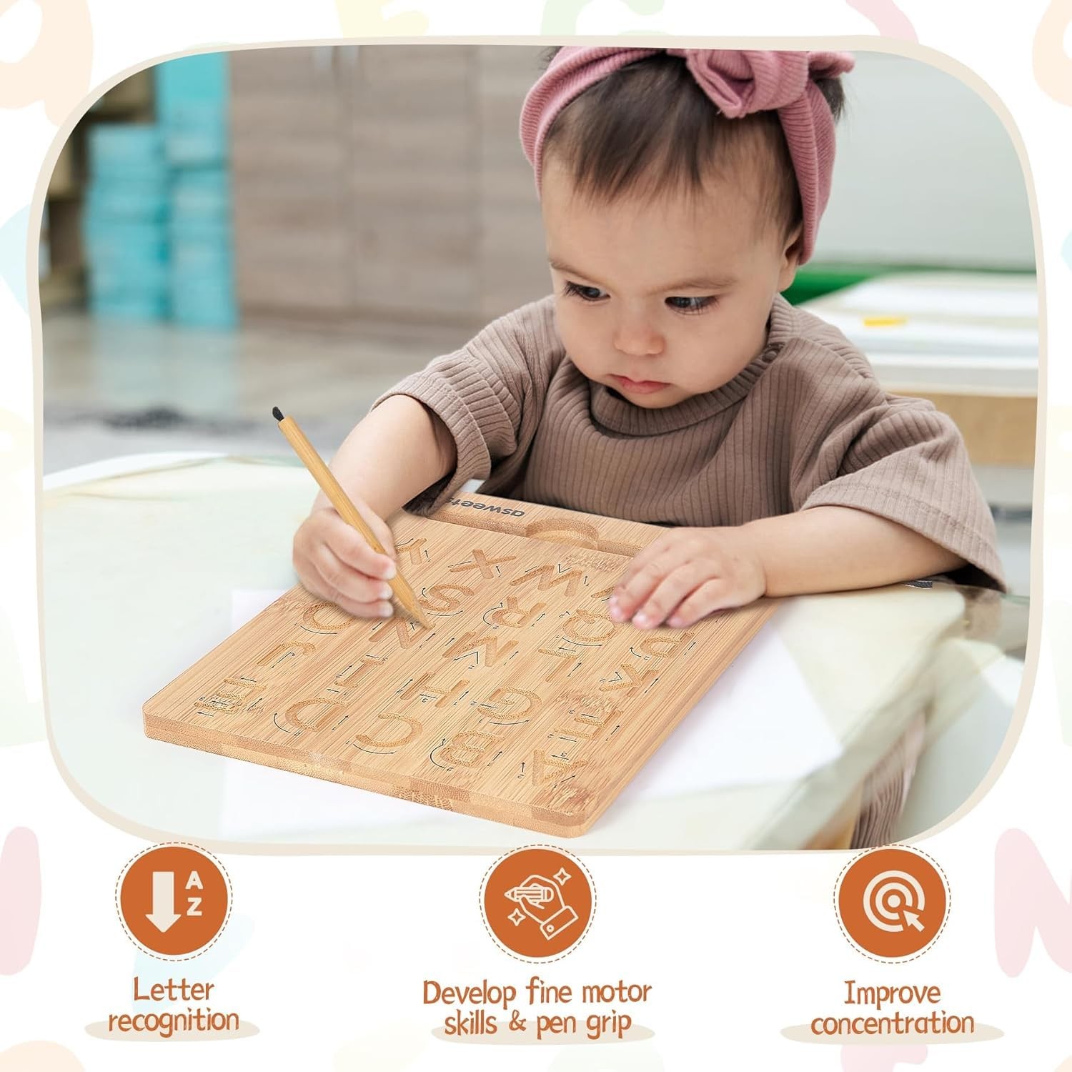 Asweets Montessori Wooden Alphabet Tracing Board, Wood Letter Practicing Boar