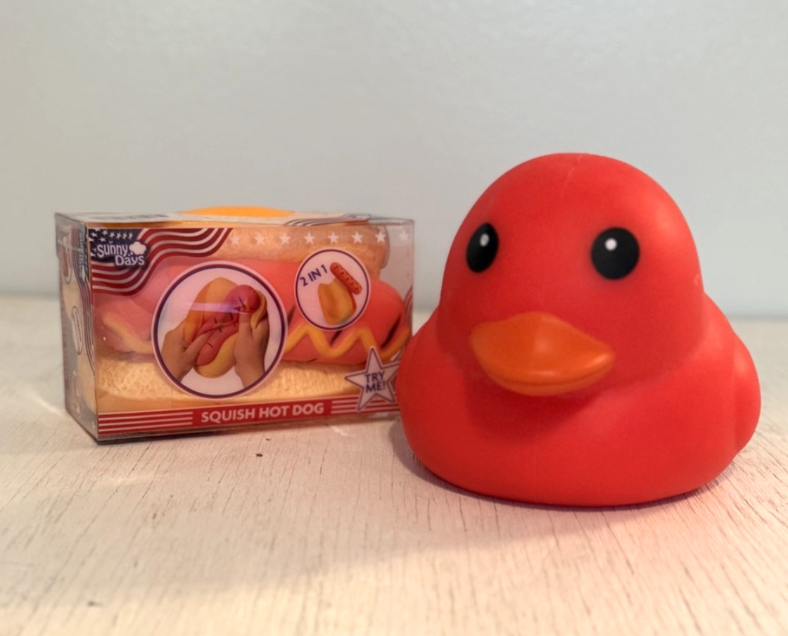 Sunny Days RED AMERICA Squish Squeeezy Jumbo Duck Patriotic Hot Dog 4th of July