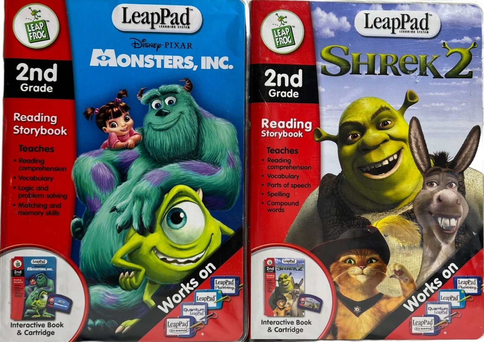 2 Leap Frog Leap Pad Shrek 2 & Monsters Inc. 2nd Grade Interactive Reading