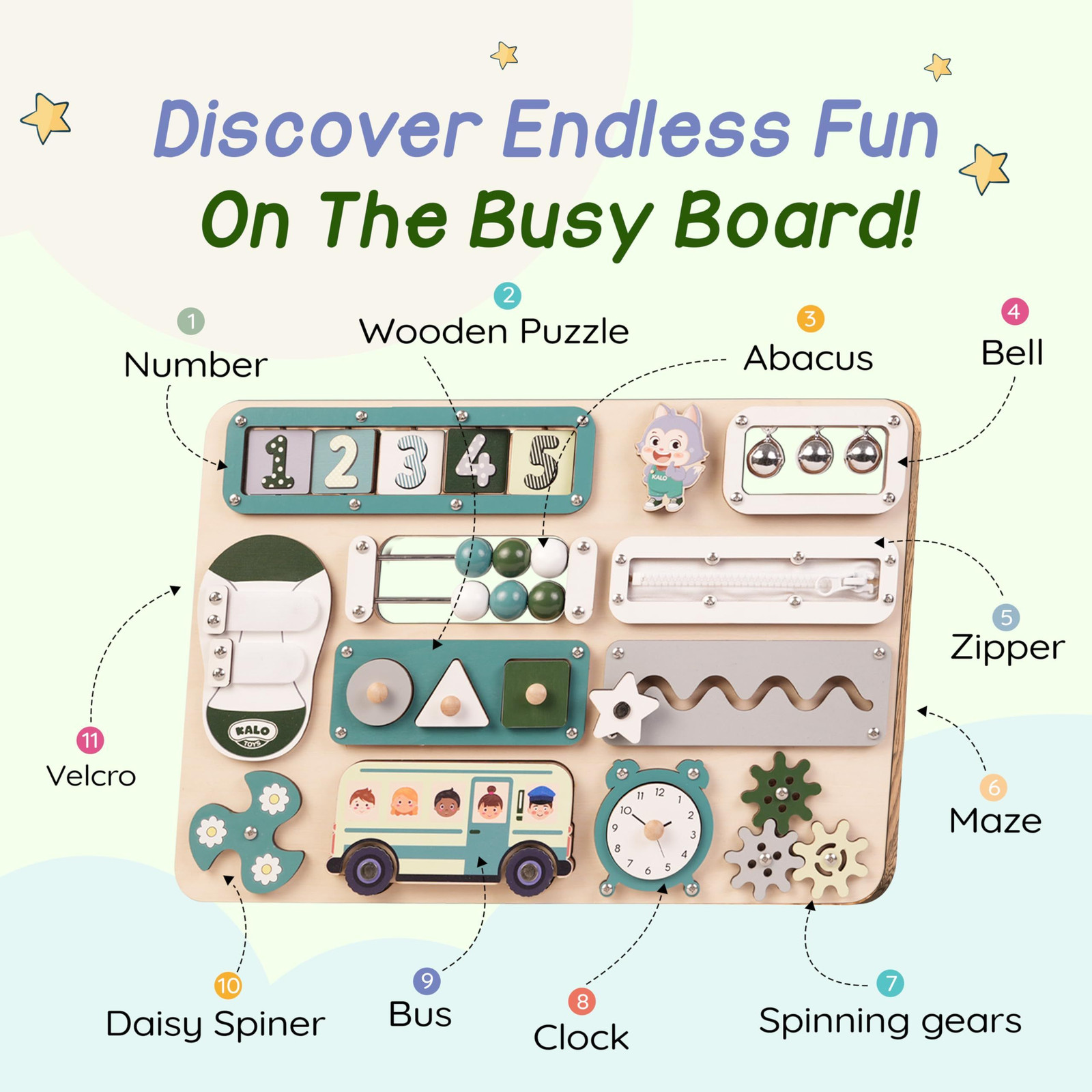 KALOTOYS Large Montessori Busy Board for 17 inches, Size – Pastel Green