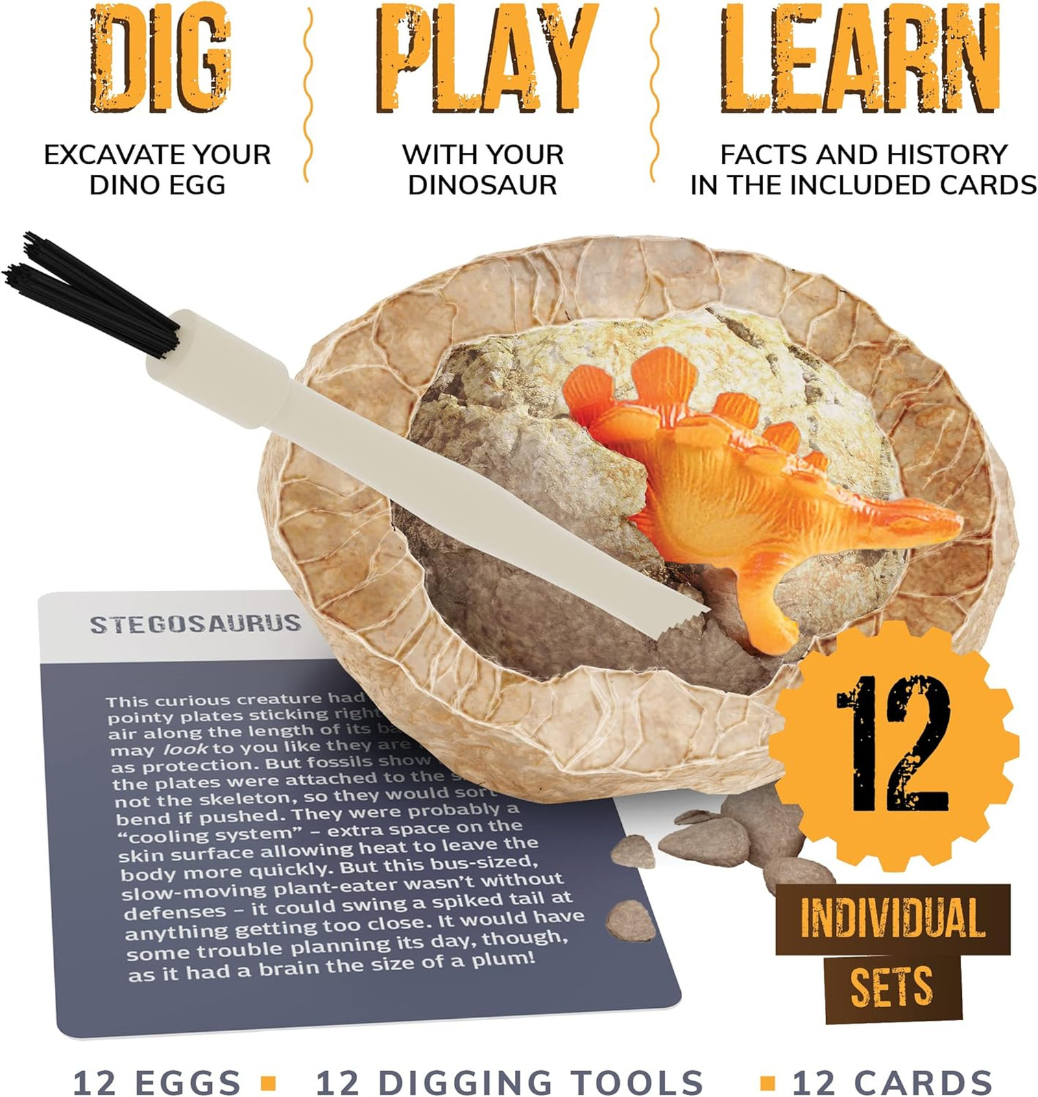 Dinosaur Dig Kit for Kids, 12 Dino Eggs, Fossil Excavation, STEM Science