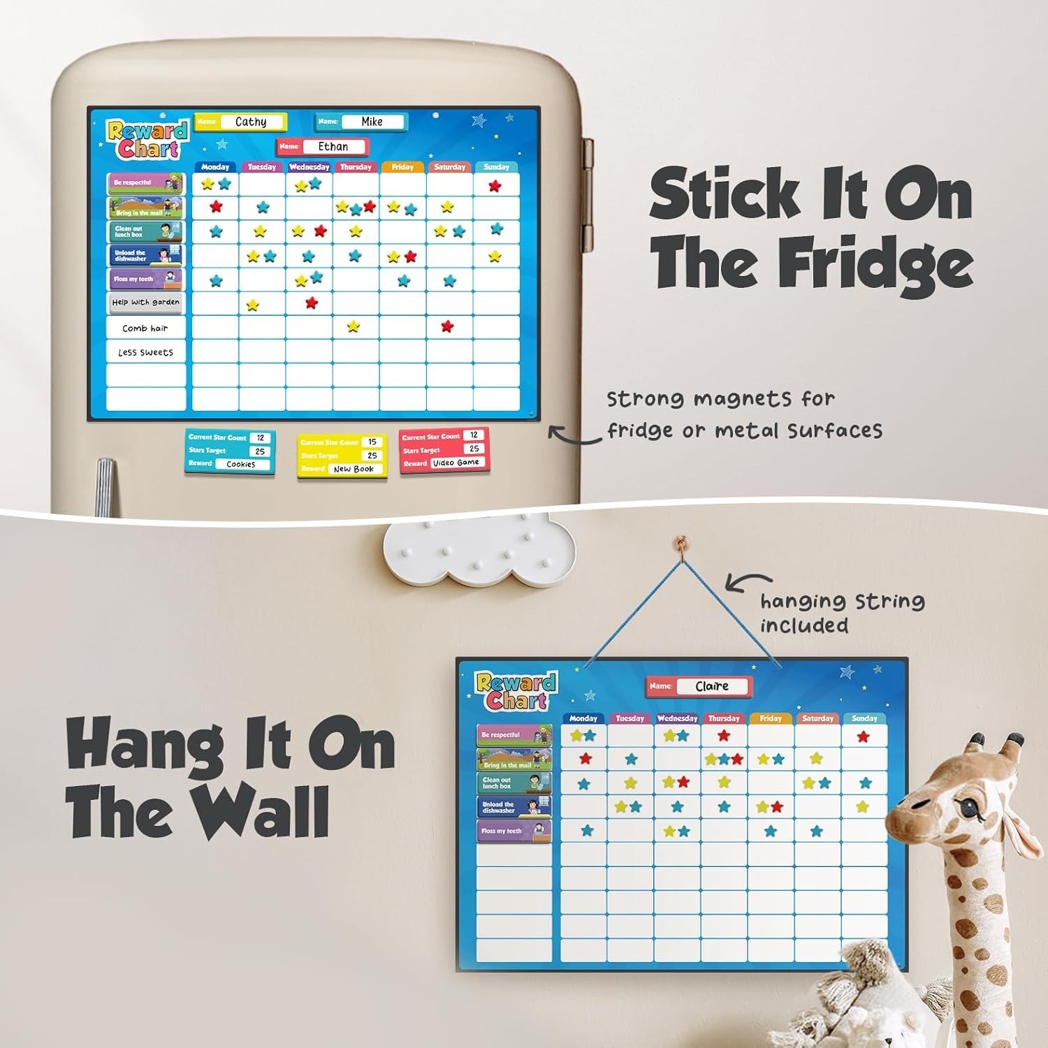 Magnetic Kids Responsibility Reward Chart – Engaging 3D Stars & Chore Tasks -…