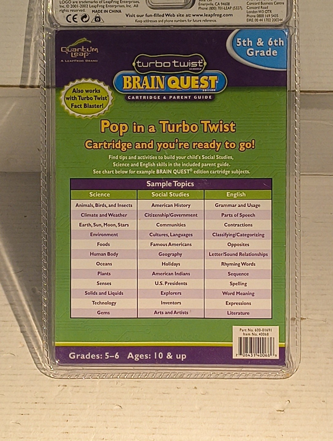 Turbo Twist Brain Quest Cartridge ONLY 1st-2nd Grade LeapFrog NEW SEALED 2002