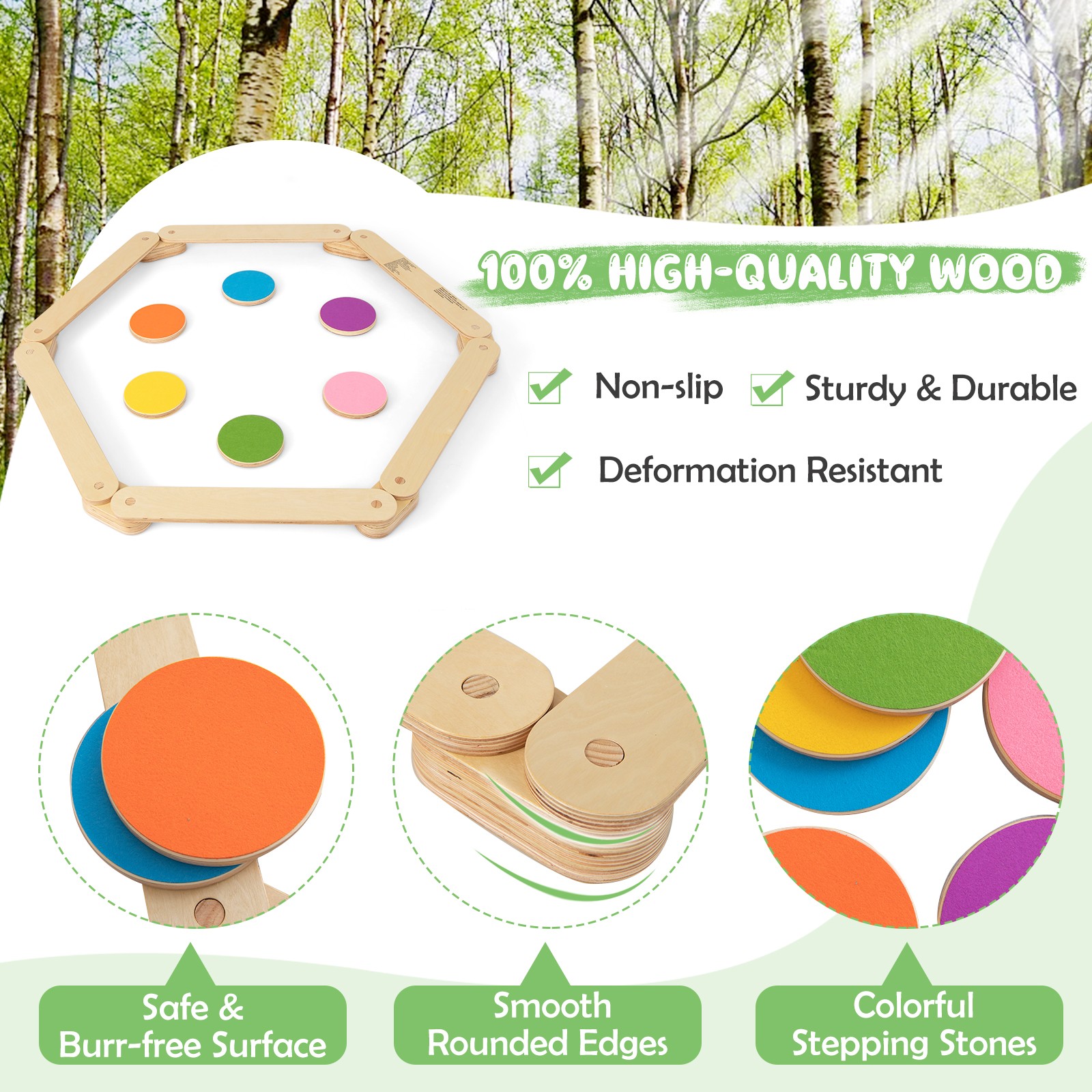 Kids Balance Beam & Stepping Stones Wooden Montessori Toy Gym Obstacle Course