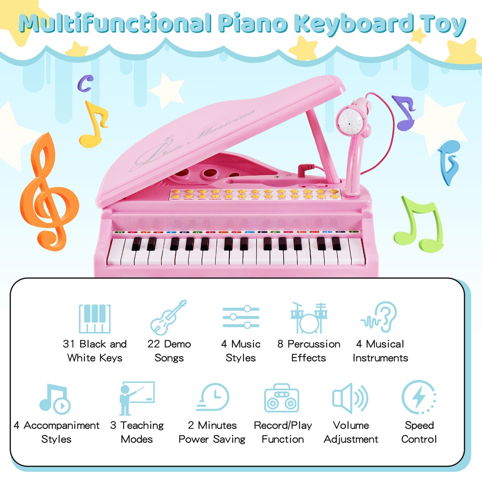 31 Keys Kids Piano Keyboard Toy Toddler Musical Instrument w/ Stool & Microphone