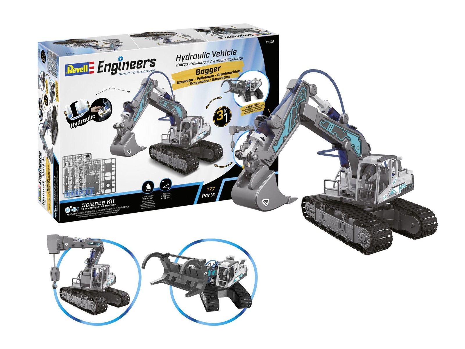Revell Engineers 21305 Hydraulic Excavator 3in1 Science Kit I 177 Parts I Water