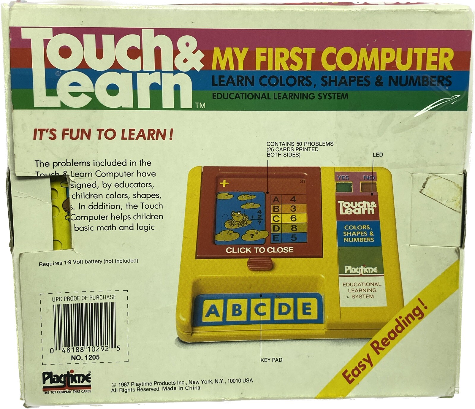 1987 PLAYTIME TOUCH & LEARN MY FIRST COMPLETE & WORKING W/50 PROBLEM CARDS & BOX