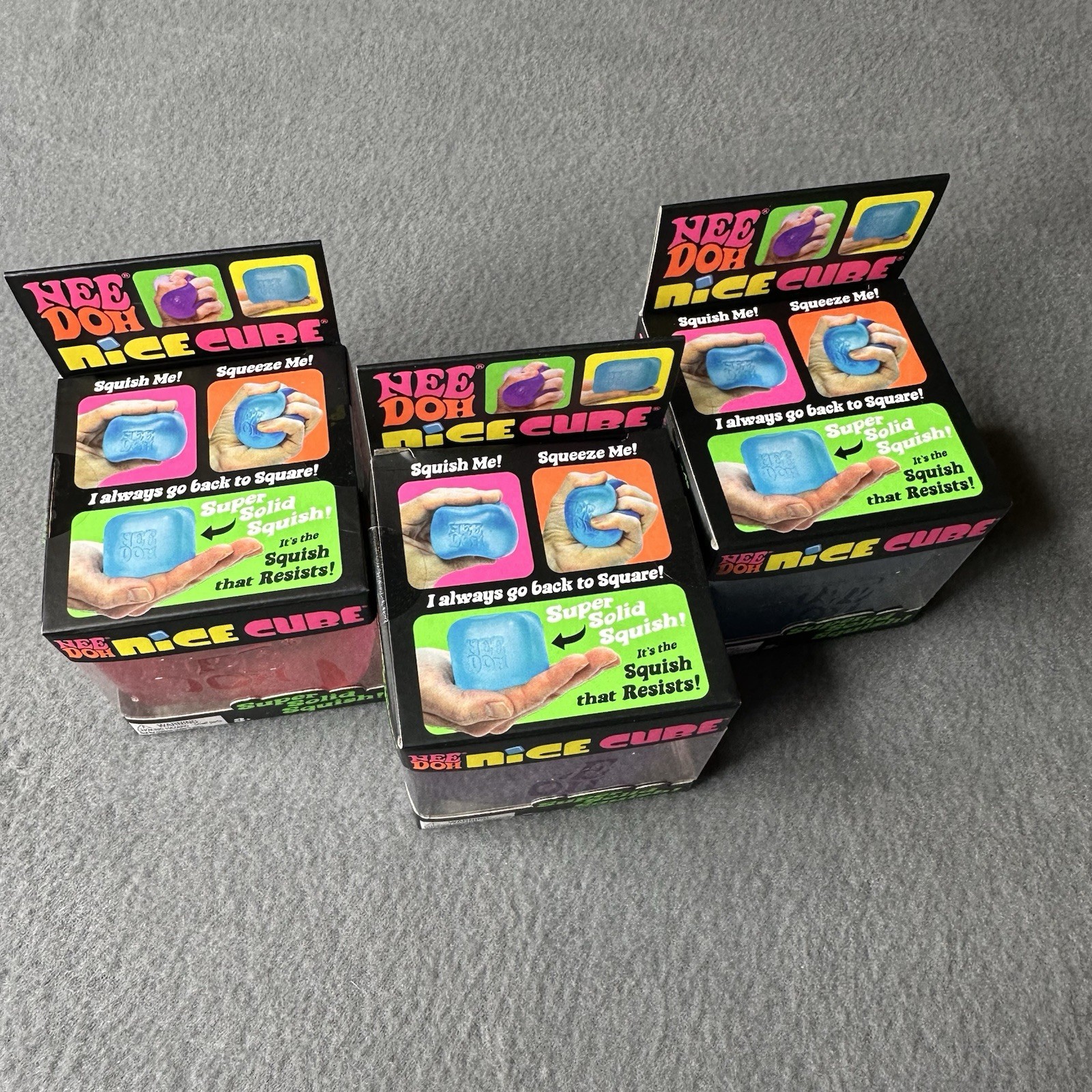 Lot 3 NeeDoh Nice Cube Super Solid Squish Fidget Sensory Pink Purple Blue NEW