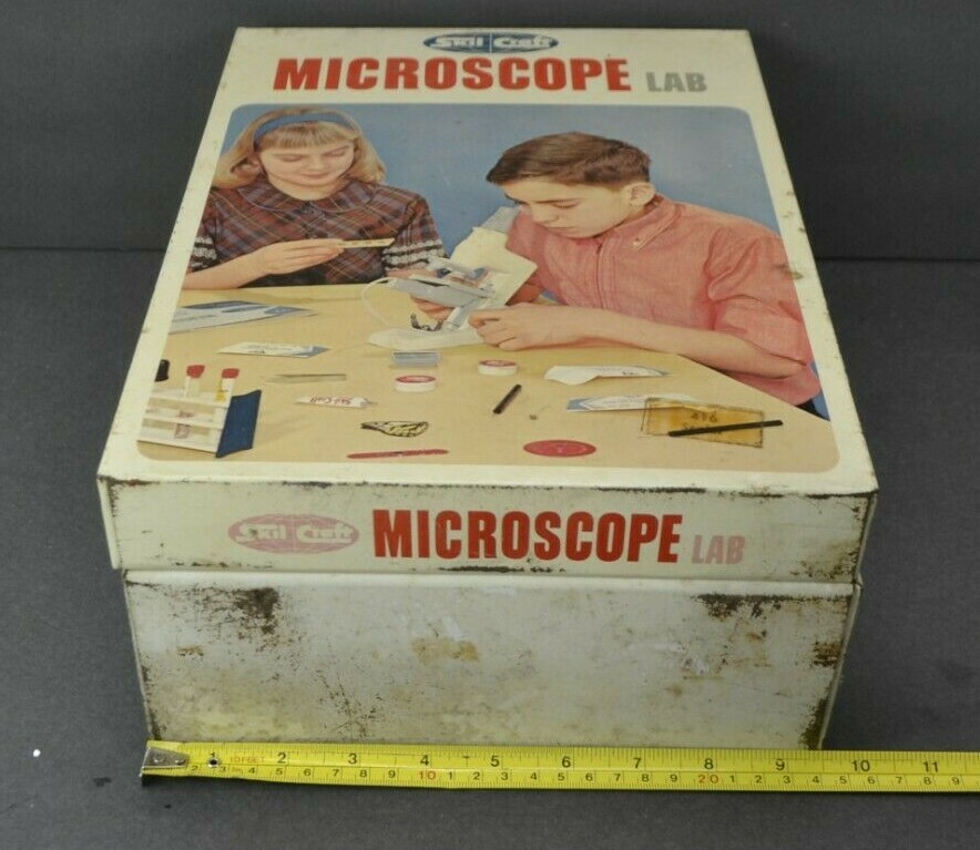 Vintage 1960s Skilcraft Microscope Lab Set Prop Metal Case PARTIAL Accessories