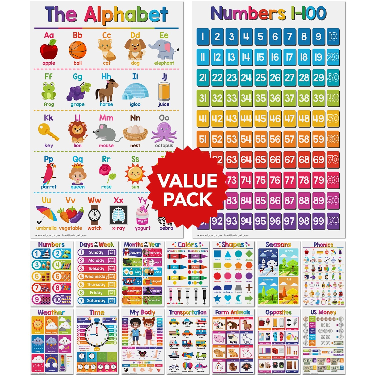 11 x 17 Educational Posters – Bundle of 16 Learning Chart for Classroom Homes