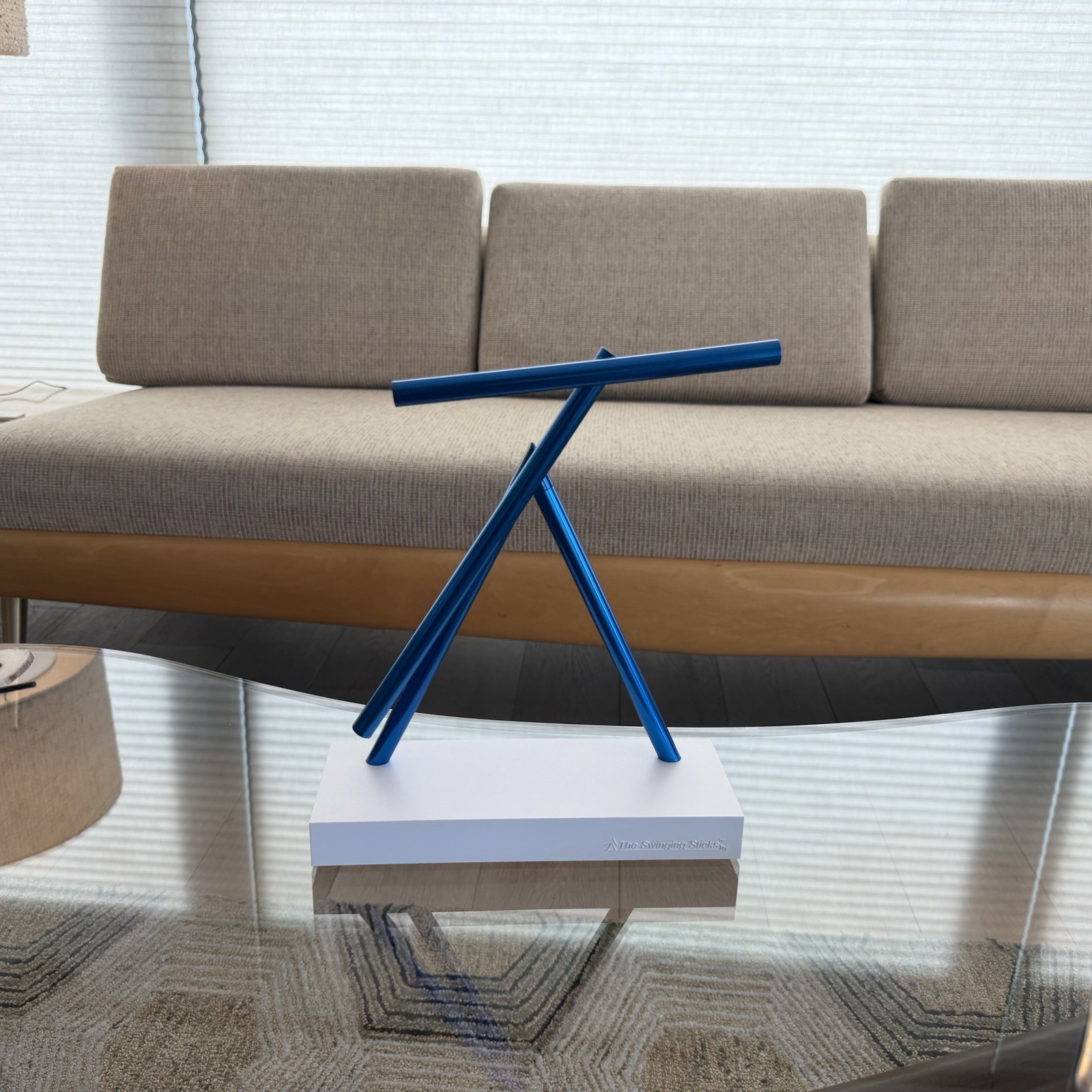 The Swinging Sticks Kinetic Energy Sculpture Desktop Toy Version Blue NOS