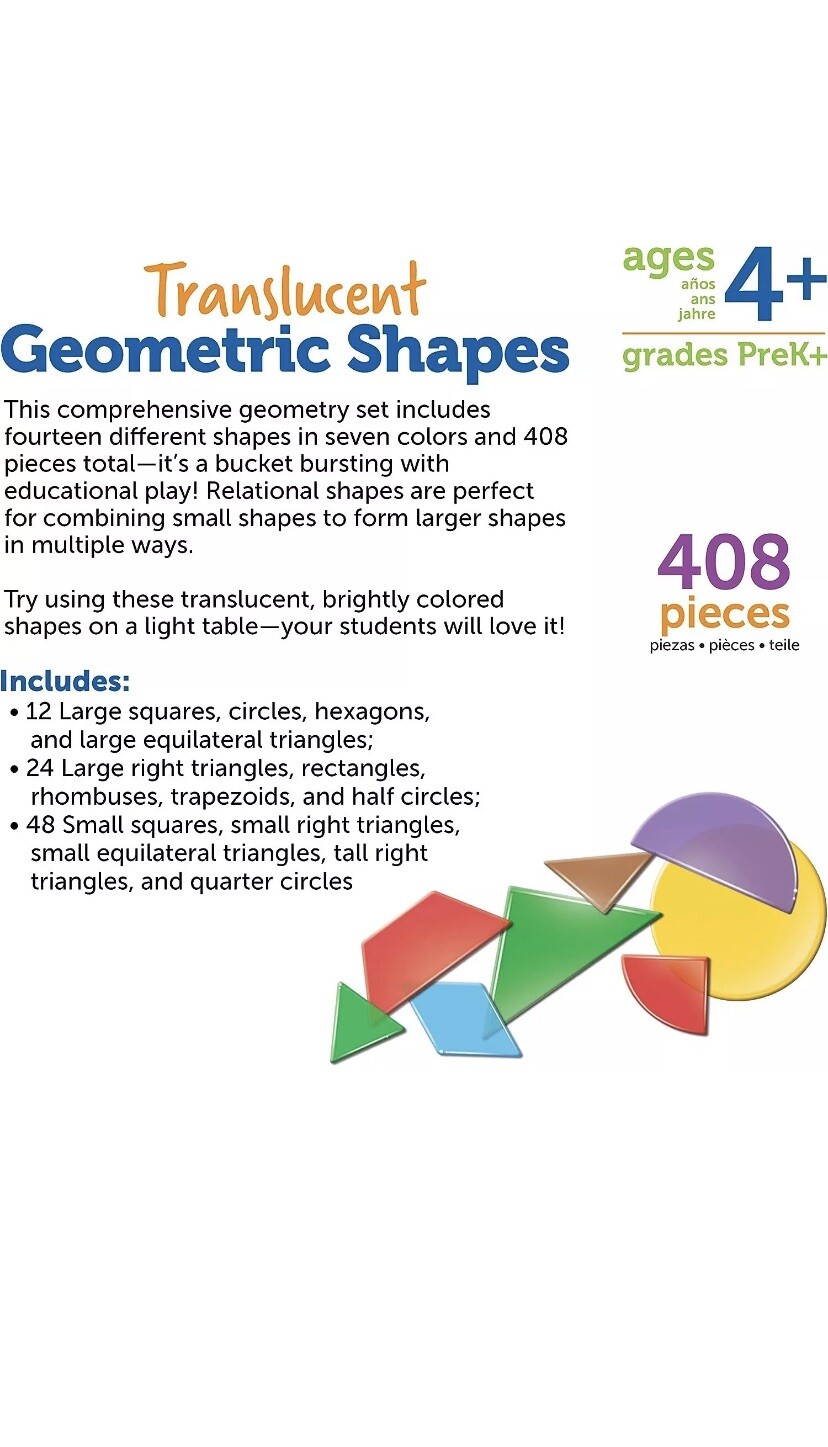 Learning Resources Translucent Geometric Shapes 408Piece Seal Home School Summer
