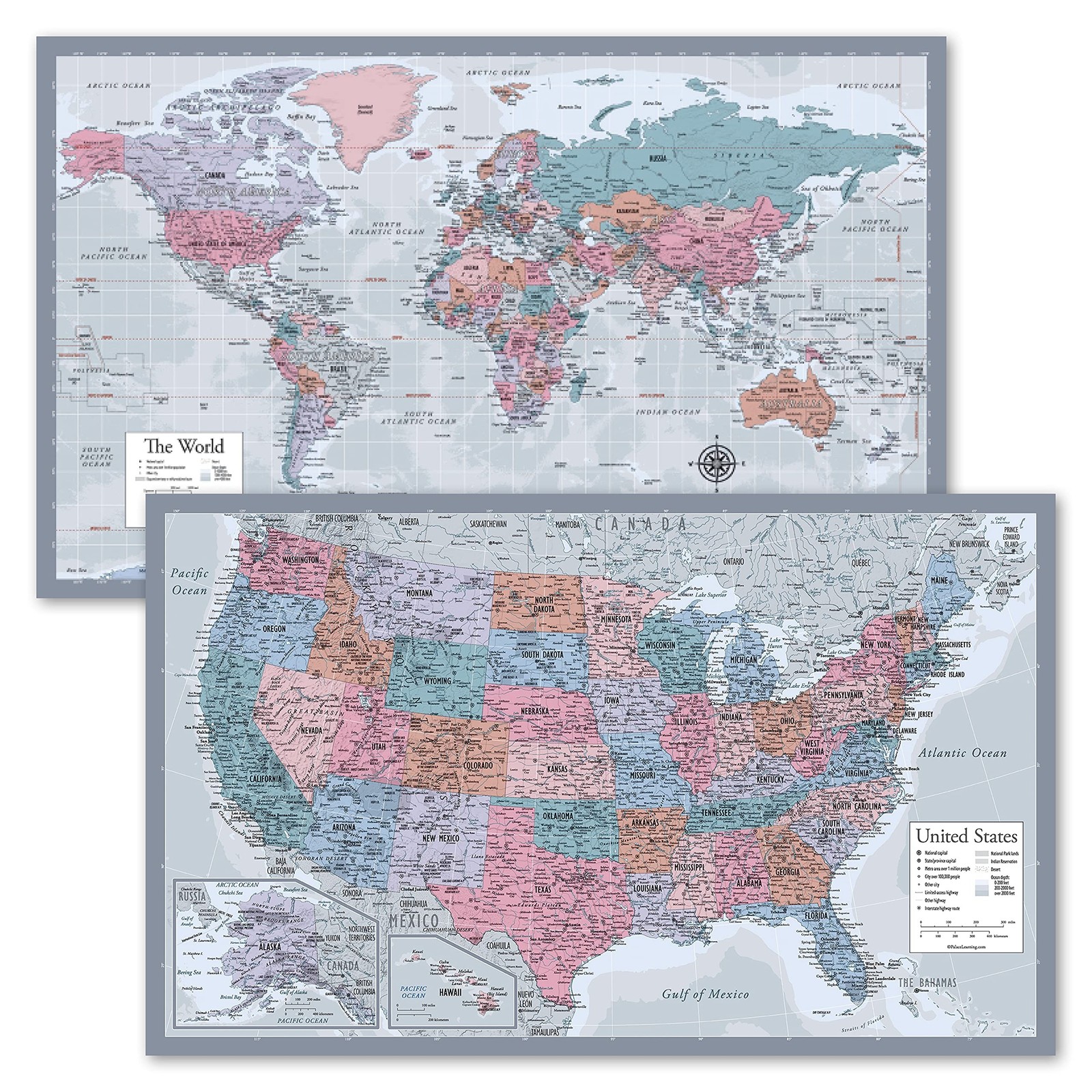 2 Pack – World Map Poster & USA Map Chart [Purple] (LAMINATED, 18″ x 29″)