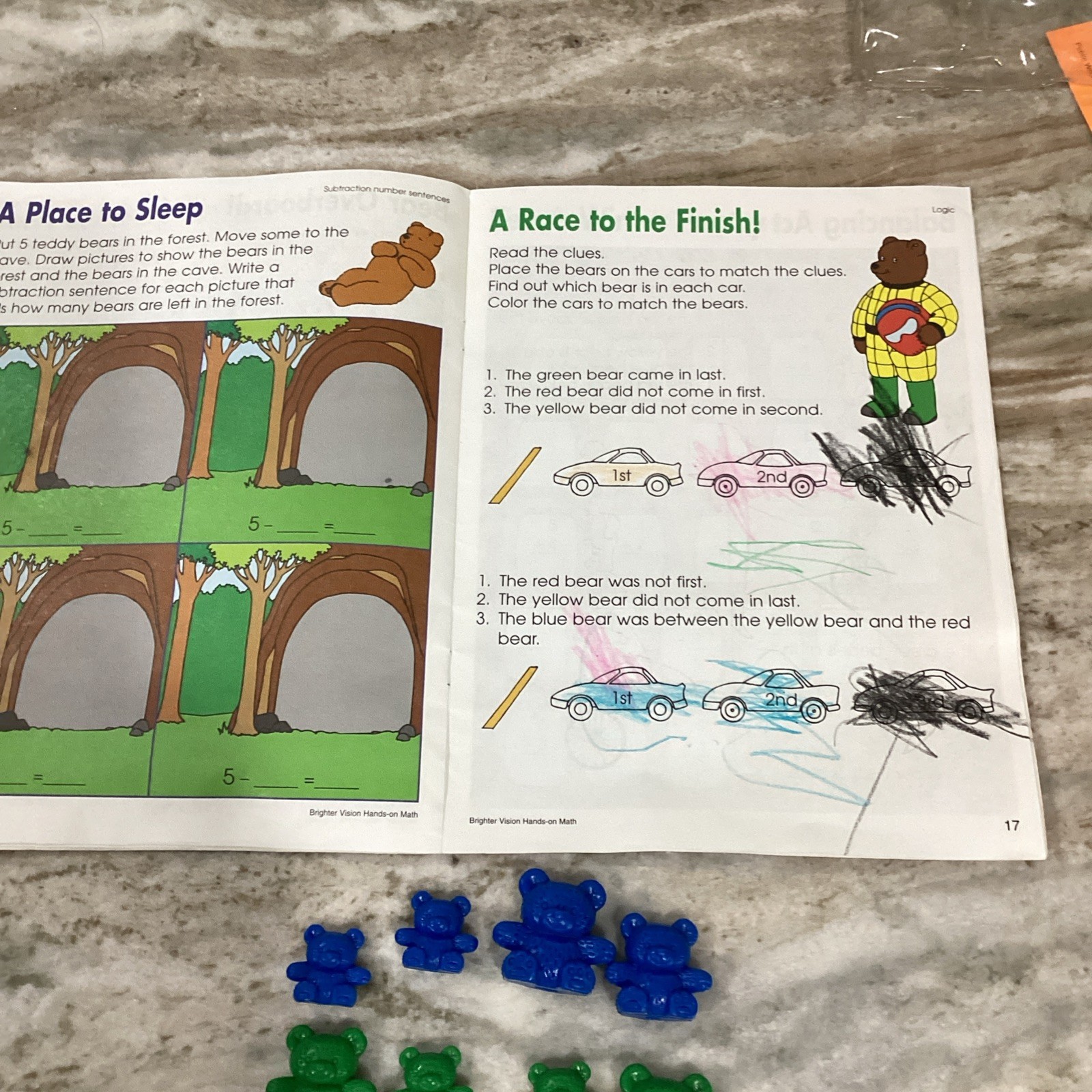 Teddy Bear Math Counters Educational Sorting Toy Hard Plastic 16 Bears & Book