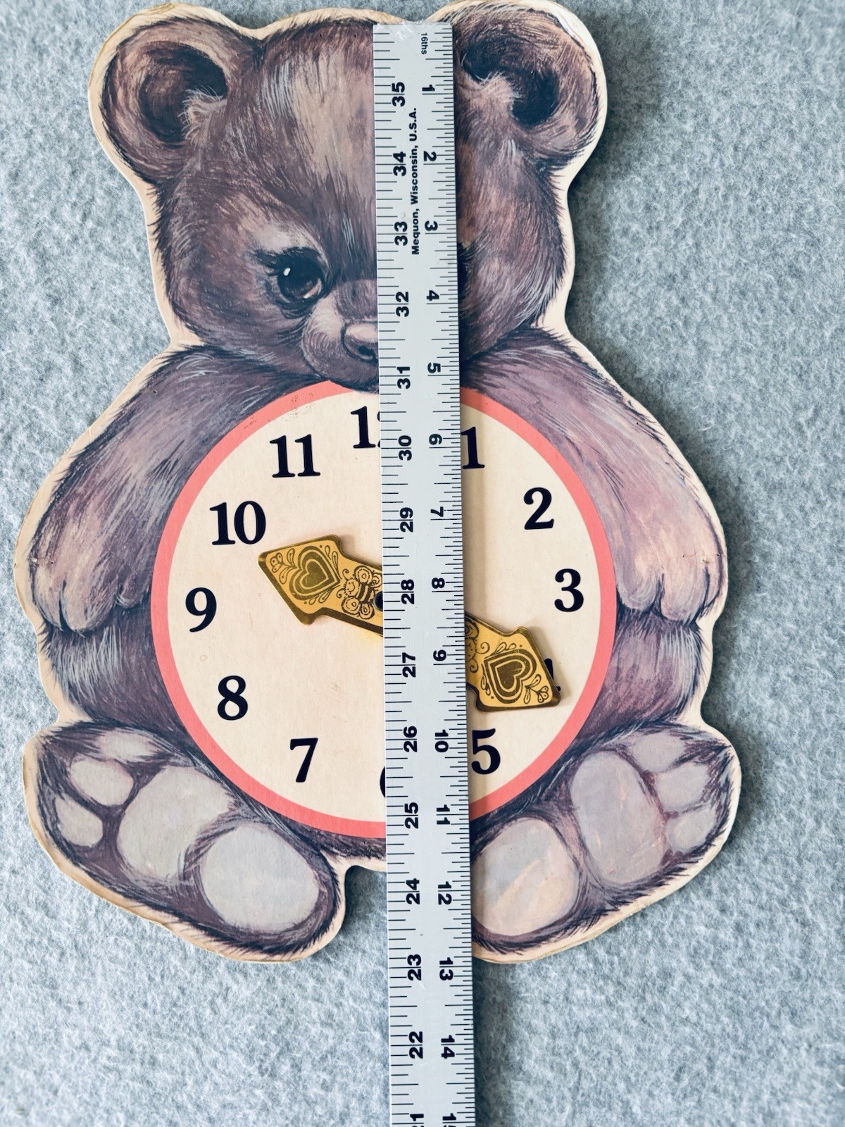 Vintage Tick Tock Teddy Bear Cardboard Learn to Tell Time Clock W/mobile Hands