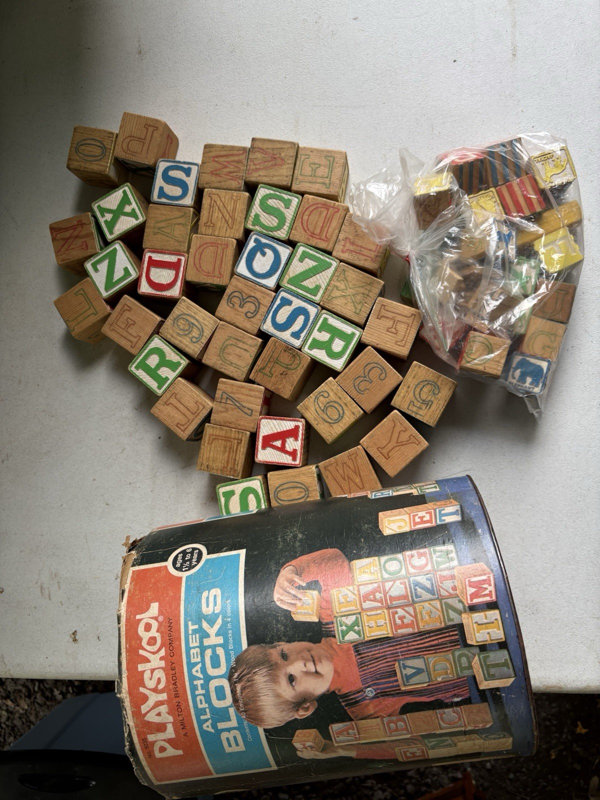 Vintage Playskool Alphabet Blocks Wood 1.75 Inch with Canister Plus Extras
