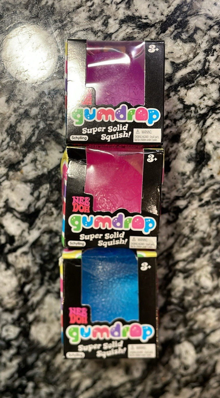 Schylling NeeDoh Gumdrop Super Solid Squish Squeeze Toy, Pink/Purple/Blue, 3+
