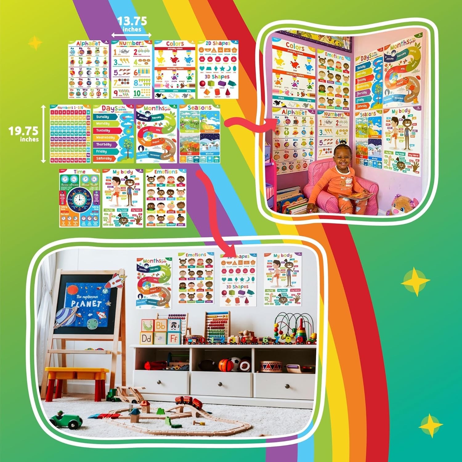 Vibrant 11-Piece Educational Posters for Toddlers – Ideal Nursery Decor, 14″x20″