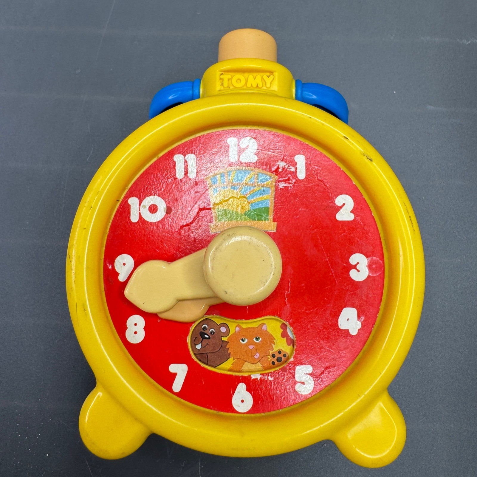 Tomy Preschool Clock 1985 Vintage Yellow Blue Plastic Toy Toddler Twist & Click