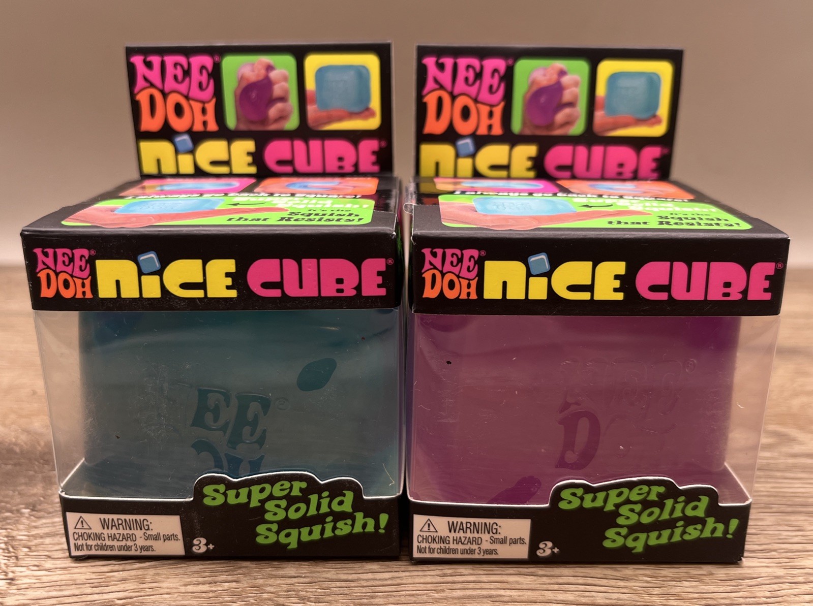 (A) Schylling NEEDOH NICE CUBE SUPER SOLID SQUISH Set Of 2 Purple & Blue Squeeze