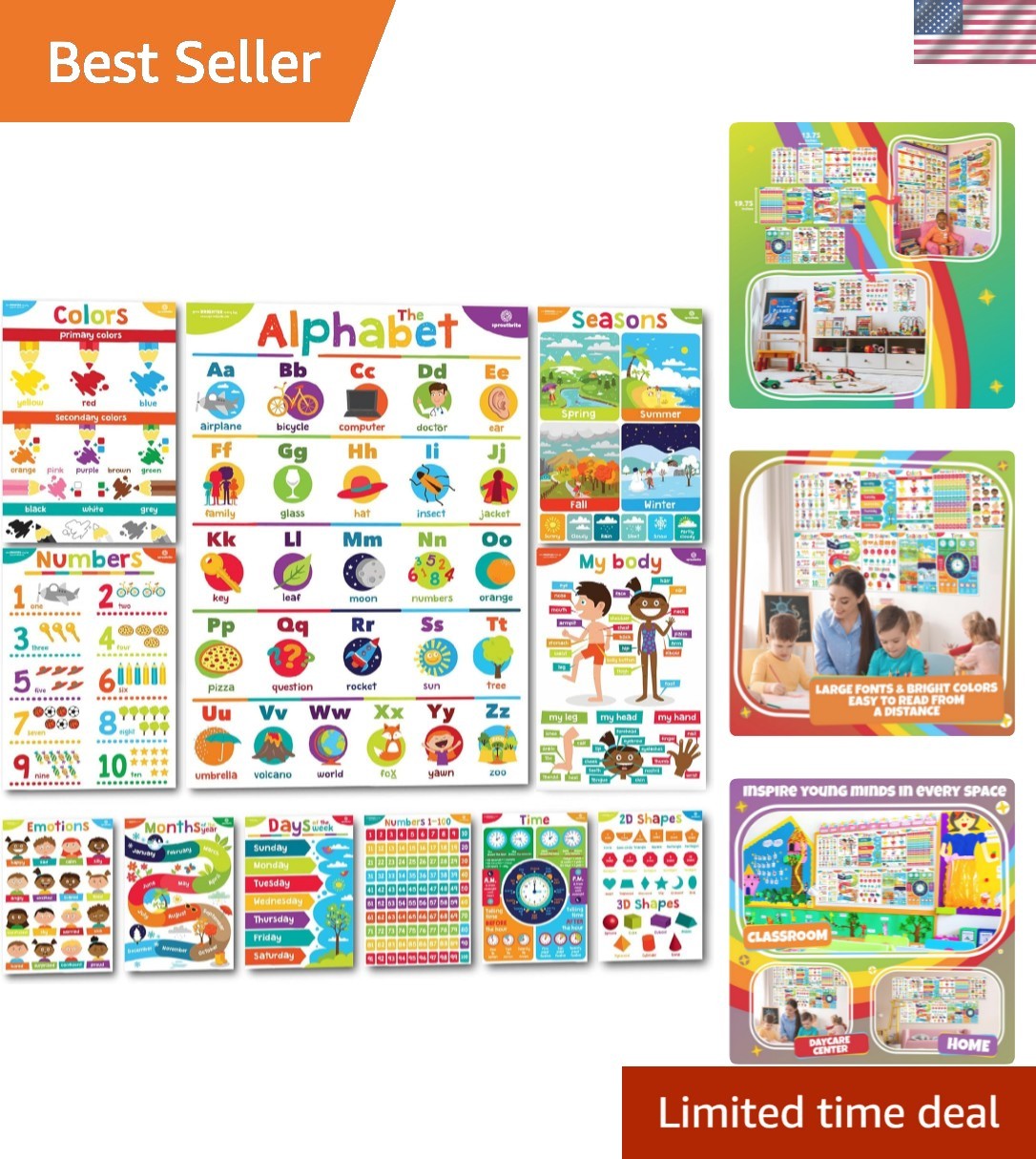 Vibrant 11-Piece Educational Posters for Toddlers – Ideal Nursery Decor, 14″x20″