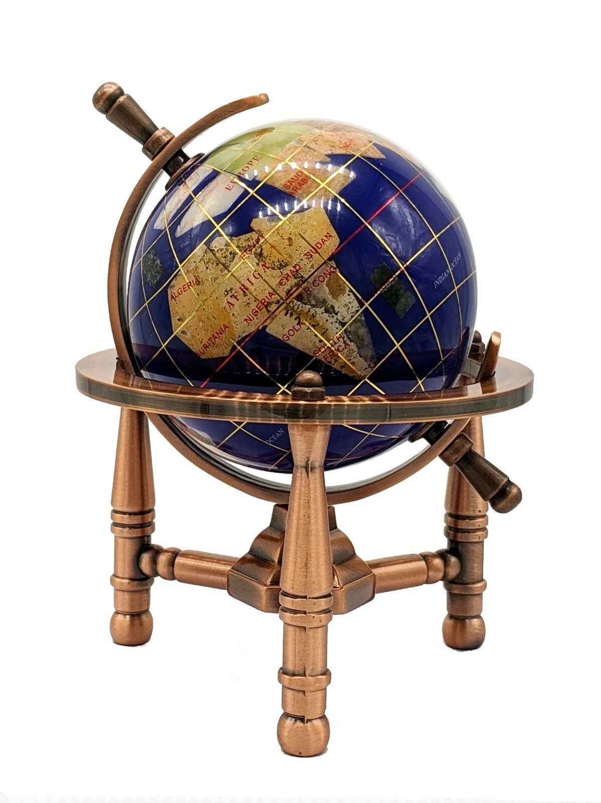 Unique Art 6-Inch Mini BLUE LAPIS Gemstone World Globe with COPPER Tripod office