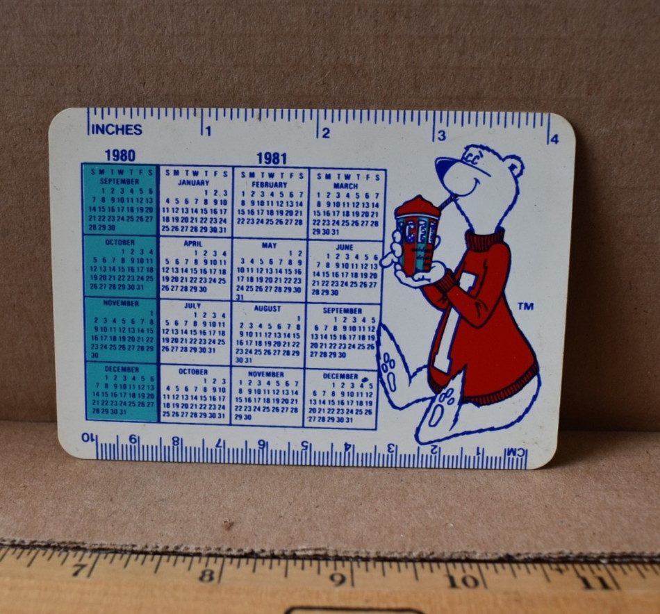 1980 Icee Bear Math-a-Metric School Aid Calendar Ruler Measures Card NOS Shape