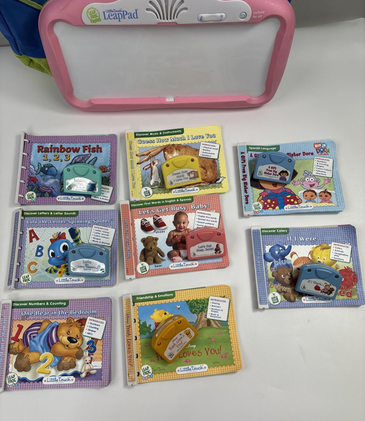 Leap Frog Little Touch Leap Pad Learning System PINK 8 Books & 7 Cartridges &Bag
